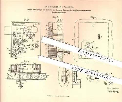 original Patent - E. Brethner , Colditz , 1895 , Schloss mit Querriegel , Türschloss , Riegel , Schlosser , Schlosserei