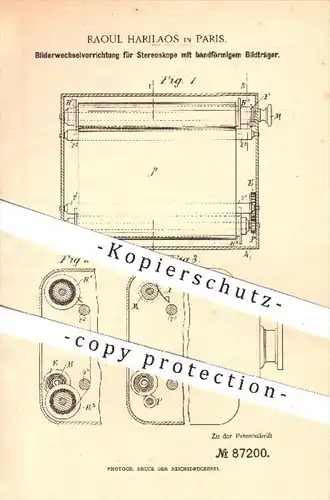 original Patent - Raoul Harilaos in Paris , 1895 , Bilderwechselvorrichtung für Stereoskope , Stereoskop , Instrumente !