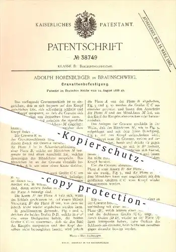 original Patent - Adolph Horenburger in Braunschweig , 1886 , Krawatten - Befestigung , Krawatte , Schlips , Bekleidung