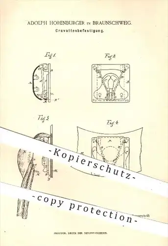 original Patent - Adolph Horenburger in Braunschweig , 1886 , Krawatten - Befestigung , Krawatte , Schlips , Bekleidung