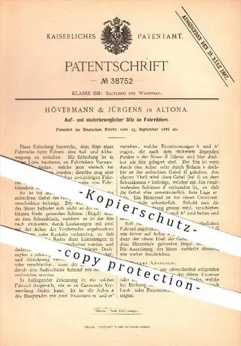 original Patent - Hövermann & Jürgens in Altona , 1886 , beweglicher Sitz am Fahrrad , Fahrräder , Sattel !!!