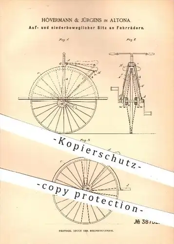 original Patent - Hövermann & Jürgens in Altona , 1886 , beweglicher Sitz am Fahrrad , Fahrräder , Sattel !!!