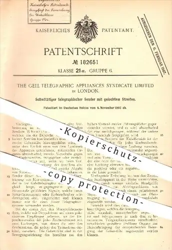 original Patent - The Gell Telegraphic Appliances Syndicate Limited , London , 1905 , telegraphischer Sender , Telegraph