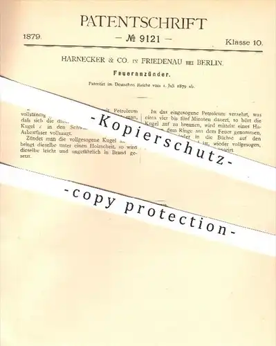 original Patent - Harnecker & Co. , Friedenau / Berlin , 1879 , Feueranzünder , Feuer , Petroleum , Brennstoffe , Zünder