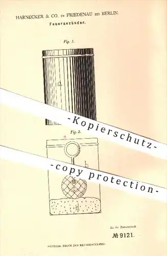 original Patent - Harnecker & Co. , Friedenau / Berlin , 1879 , Feueranzünder , Feuer , Petroleum , Brennstoffe , Zünder