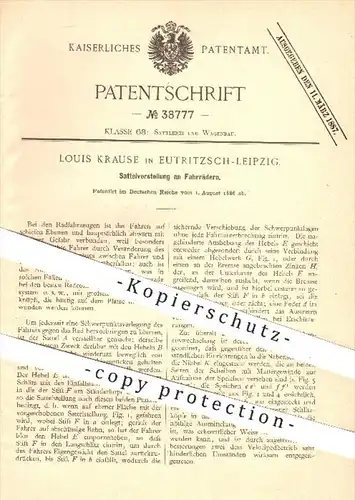 original Patent - Louis Krause , Eutritzsch - Leipzig , 1886 , Sattelverstellung am Fahrrad , Fahrräder , Sattel !!!