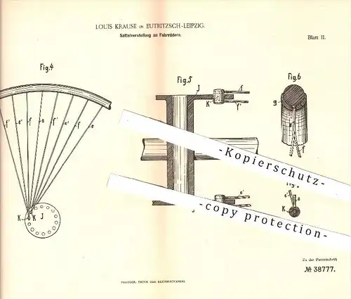 original Patent - Louis Krause , Eutritzsch - Leipzig , 1886 , Sattelverstellung am Fahrrad , Fahrräder , Sattel !!!