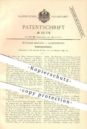 original Patent - Wilhelm Mallihn in Schöningen , 1897 , Acetylenentwickler , Acetylen , Gas , Carbid , Membran !!!