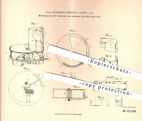 original Patent - Hohmann - Pfeiffer , Köln / Rhein  1897 , Messapparat für Getreide u. Korn , Körner , Messen , Uhrwerk