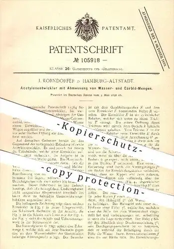 original Patent - J. Korndorfer , Hamburg - Altstadt 1898 , Acetylenentwickler mit Messung von Wasser- & Carbid - Mengen