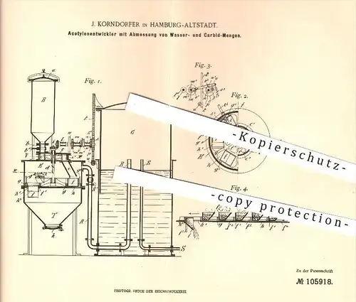 original Patent - J. Korndorfer , Hamburg - Altstadt 1898 , Acetylenentwickler mit Messung von Wasser- & Carbid - Mengen