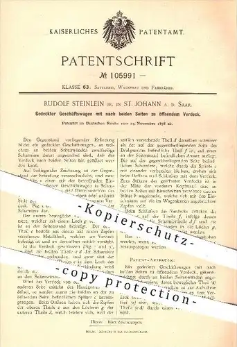 original Patent - R. Steinlein , St. Johann / Saar , 1898 , Verkaufswagen mit zu öffendem Verdeck nach 2 Seiten , Wagen