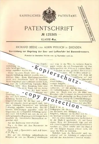 original Patent - R. Beese , Albin Perlich , Dresden , 1900 , Regelung der Gas- u. Luftzufuhr am Bunsenbrenner , Brenner