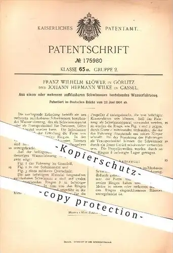 original Patent - F. W. Klöwer  Görlitz / J. H. Wilke , Kassel , 1904 , Wasserfahrzeug aus Schwimmern , Boot , Schiff !!