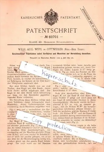 Original Patent  - Wilh. Aug. Weyl in Ottweiler , Reg.-Bez. Trier , 1891 , Geschweißter Thürkloben !!!