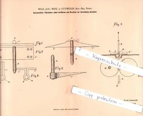 Original Patent  - Wilh. Aug. Weyl in Ottweiler , Reg.-Bez. Trier , 1891 , Geschweißter Thürkloben !!!