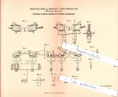 Original Patent  - Sebastian Ziani de Ferranti in West Kensington , 1888 , Elektrische Apparate !!!