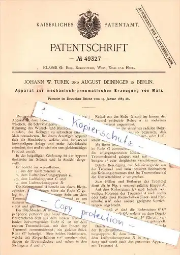 Original Patent  -  J. W. Turek und A. Eininger in Berlin , 1889 , Apparat zur Erzeugung von Malz !!!