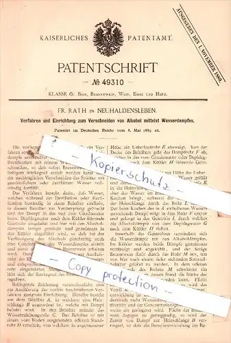 Original Patent  - Fr. Rath in Neuhaldensleben , 1889 , Bier, Branntwein, Wein Essig und Hefe !!!