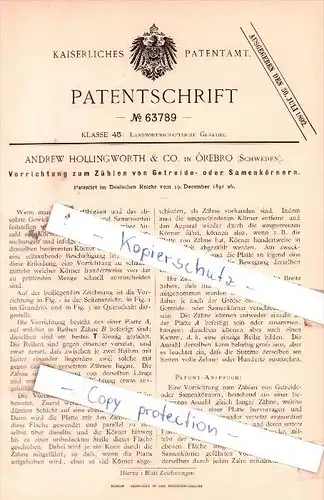 Original Patent  - Andrew Hollingworth & Co. in Örebro , Schweden , 1891 , !!!