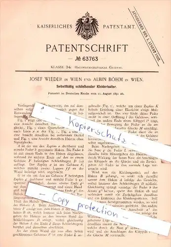 Original Patent  - J. Wieder und A. Böhm in Wien , 1891 , Selbstthätig schließender Kleiderhalter !!!