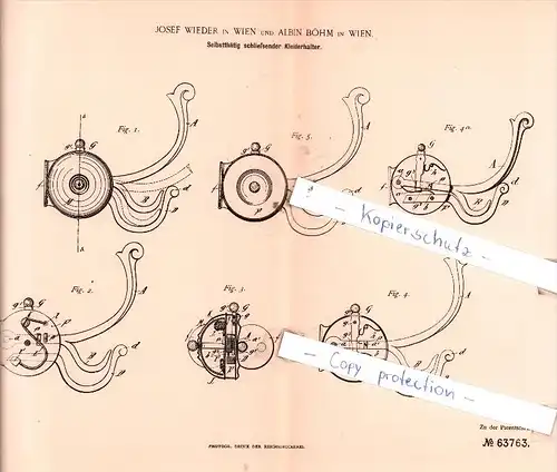 Original Patent  - J. Wieder und A. Böhm in Wien , 1891 , Selbstthätig schließender Kleiderhalter !!!