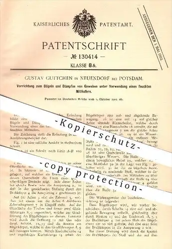 original Patent - G. Guttchen , Neuendorf / Potsdam , 1901 , Bügeln u. Dämpfen von Geweben , Bügeleisen , Wäscherei !!!