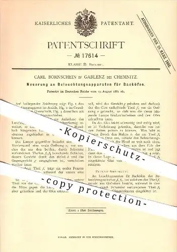 original Patent - C. Bornschein , Gablenz / Chemnitz , 1881 , Beleuchtung für Backöfen , Backofen , Bäckerei , Bäcker !!