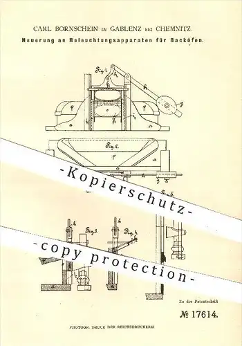 original Patent - C. Bornschein , Gablenz / Chemnitz , 1881 , Beleuchtung für Backöfen , Backofen , Bäckerei , Bäcker !!