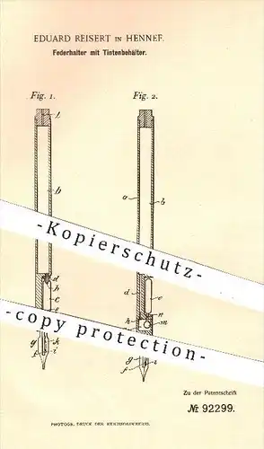 original Patent - E. Reisert , Hennef , 1895 , Federhalter mit Tintenbehälter , Tinte , Feder , Schreibfeder , Schreiben