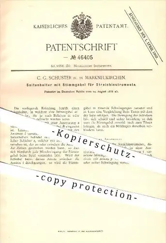 original Patent - C. G. Schuster , Markneukirchen , 1888 , Saitenhalter mit Stimmgabel für Streichinstrumente , Geige