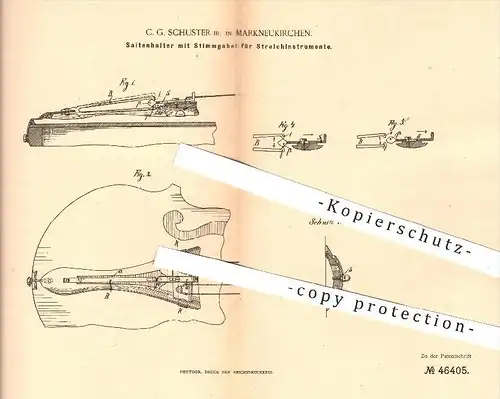 original Patent - C. G. Schuster , Markneukirchen , 1888 , Saitenhalter mit Stimmgabel für Streichinstrumente , Geige
