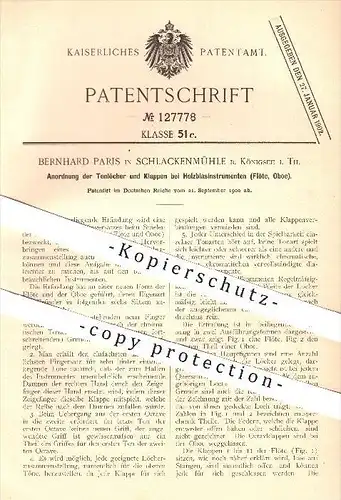 original Patent - B. Paris , Schlackenmühle / Königssee 1900 , Tonlöcher & Klappen am Holzblasinstrument , Flöte , Oboe
