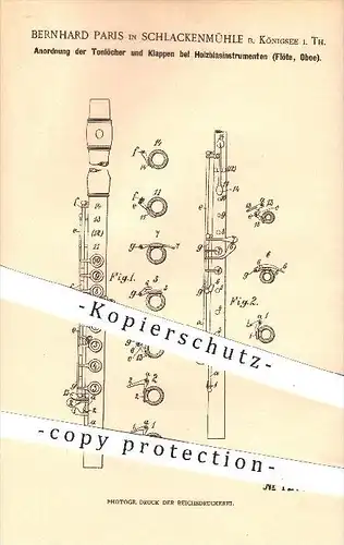 original Patent - B. Paris , Schlackenmühle / Königssee 1900 , Tonlöcher & Klappen am Holzblasinstrument , Flöte , Oboe