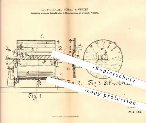 original Patent - L. E. Mühlau , Wurzen , 1887 , Schaufelrechen in Mischmaschinen , Rechen , Mühle , Mühlen , Mehl !!!