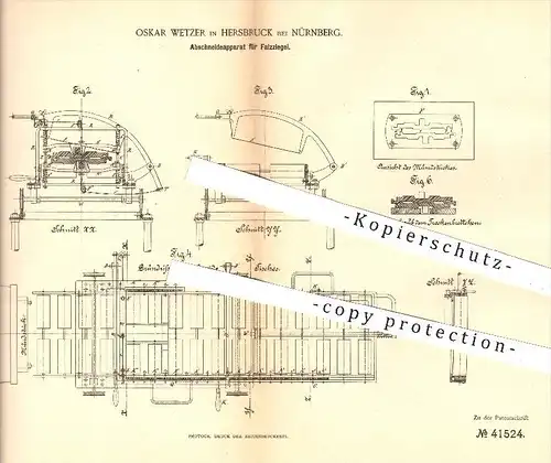 original Patent - O. Wetzer , Hersbruck / Nürnberg , 1886 , Abschneideapparat für Falzziegel , Ziegel , Ziegelei , Dach