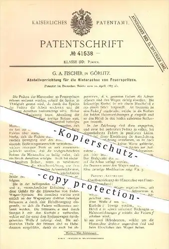 original Patent - G. A. Fischer , Görlitz , 1887 , Abstellen der Hinterachse von Feuerspritzen , Pumpen , Feuerwehr !!!