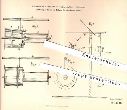 original Patent - W. Vockerodt , Mühlhausen 1893 , Winde zum Einholen schwebender Lasten , Winden , Hebewerk , Hebezeuge