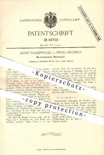 original Patent - A. Schliephacke , Leipzig - Reudnitz , 1889 , Mechanisches Rennspiel , Spiel , Spiele , Brettspiele !!
