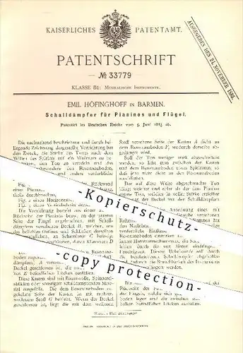 original Patent - E. Höfinghoff , Barmen 1885 , Schalldämpfer für Pianinos , Flügel , Piano , Klavier , Musikinstrumente