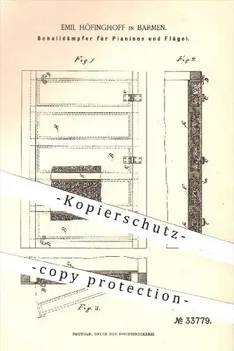 original Patent - E. Höfinghoff , Barmen 1885 , Schalldämpfer für Pianinos , Flügel , Piano , Klavier , Musikinstrumente