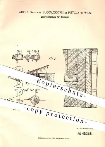 original Patent - Adolf Graf von Buonaccorsi di Pistoja , Wien  1888 , Zündung für Torpedos , Torpedo , Schiffe , Schiff