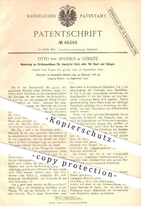 original Patent - Otto von Livonius , Görlitz , 1888 , Drillmaschinen
