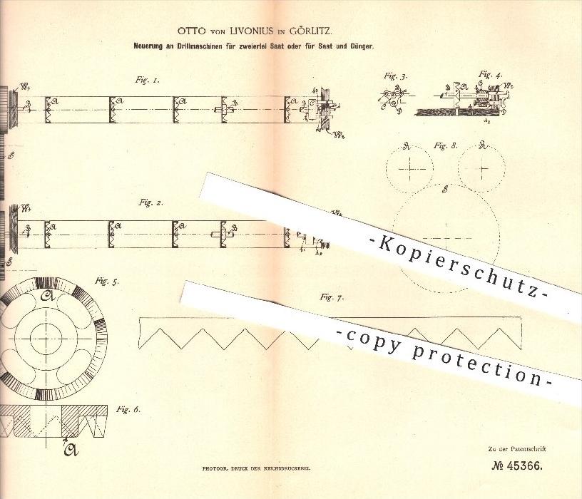 original Patent - Otto von Livonius , Görlitz , 1888 , Drillmaschinen