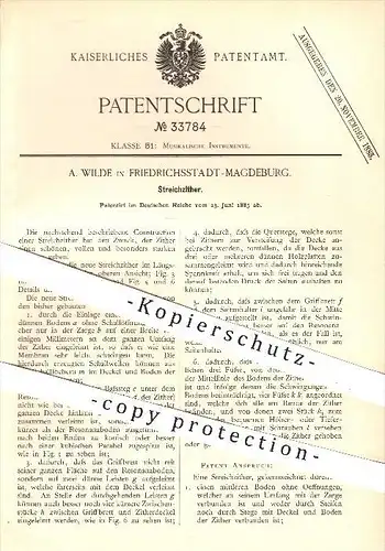 original Patent - A. Wilde , Friedrichsstadt - Magdeburg , 1885 , Streichzitter , Zitter , Zittern , Musikinstrumente !!