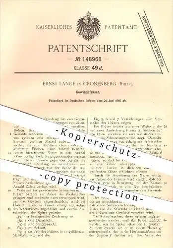 original Patent - Ernst Lange in Cronenberg , 1901 , Gewindefräser , Fräser , Fräsen , Gewinde , Schrauben , Metall !!!