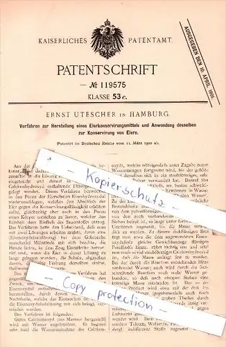 Original Patent - E. Utescher in Hamburg , 1900 , Herstellung eines Eierkonservirungsmittels !!!