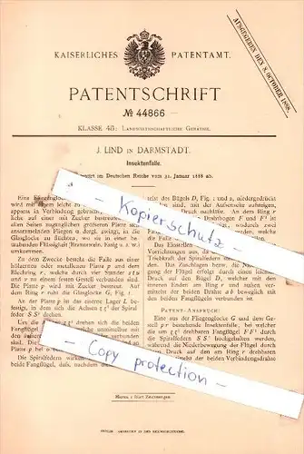 Original Patent - J. Lind in Darmstadt , 1888 ,  Insektenfalle !!!