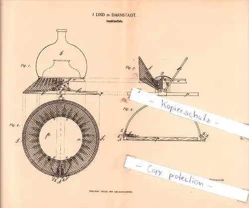 Original Patent - J. Lind in Darmstadt , 1888 ,  Insektenfalle !!!