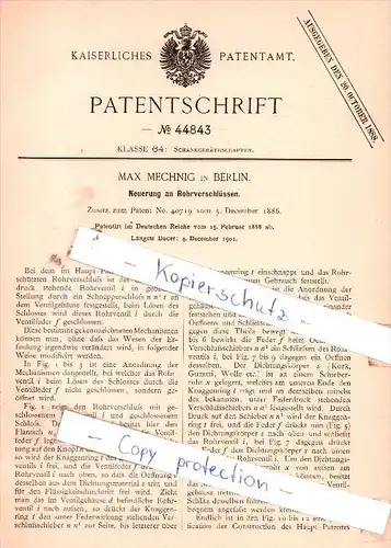 Original Patent - Max Mechnig in Berlin , 1888 ,  Neuerung an Rohrverschlüssen !!!